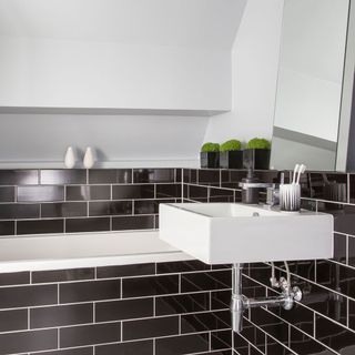 bathroom with shiny black tiles and white wall