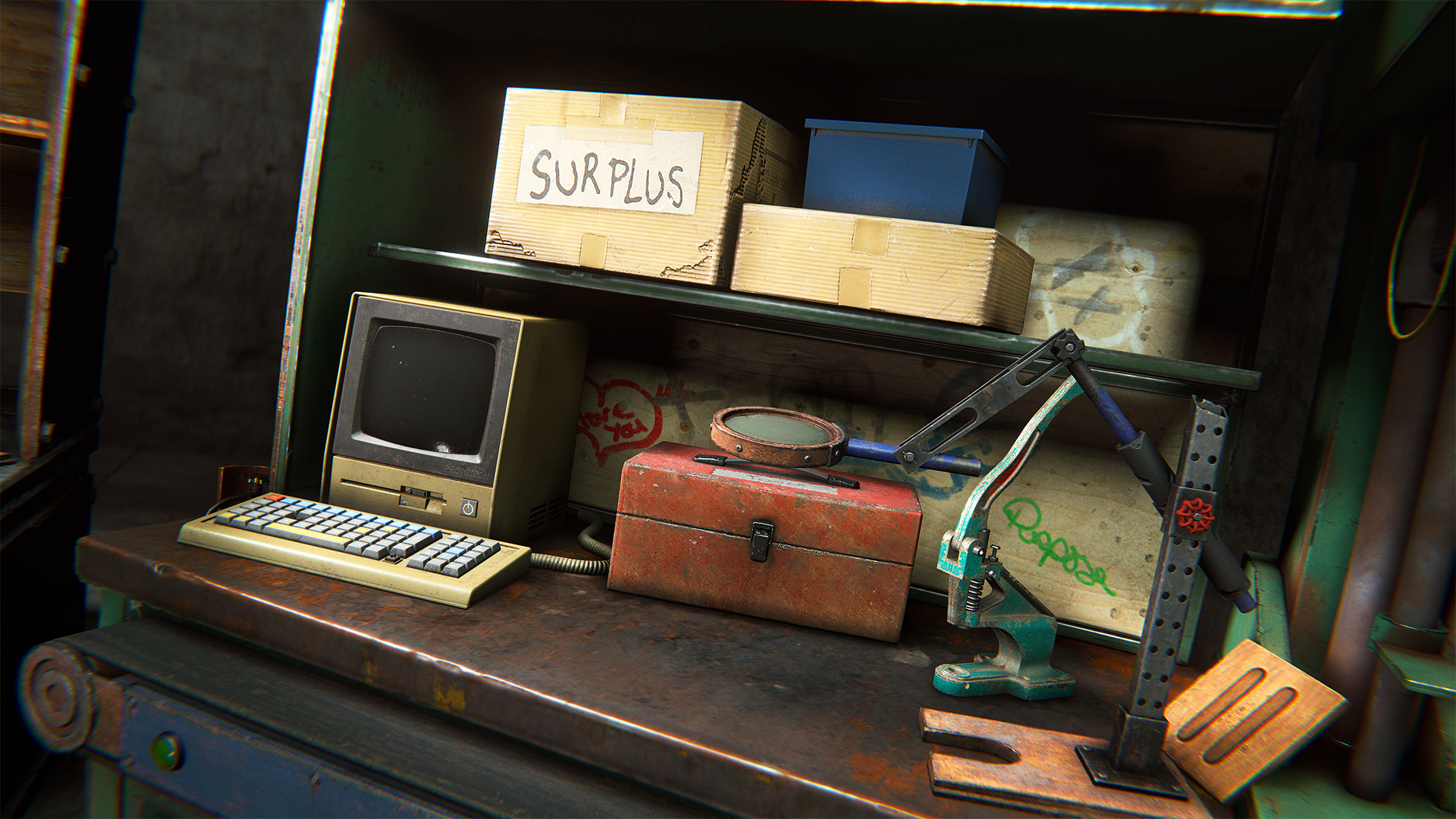 A closeup image of a workbench in Rust, showing shelves stacked with boxes and a worktop with an old computer and a lockbox on it.