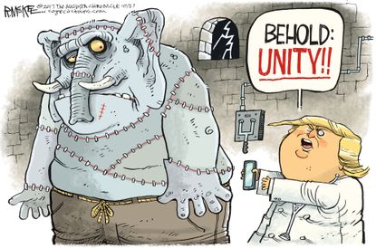 Political cartoon U.S. GOP unity Trump halloween frankenstein