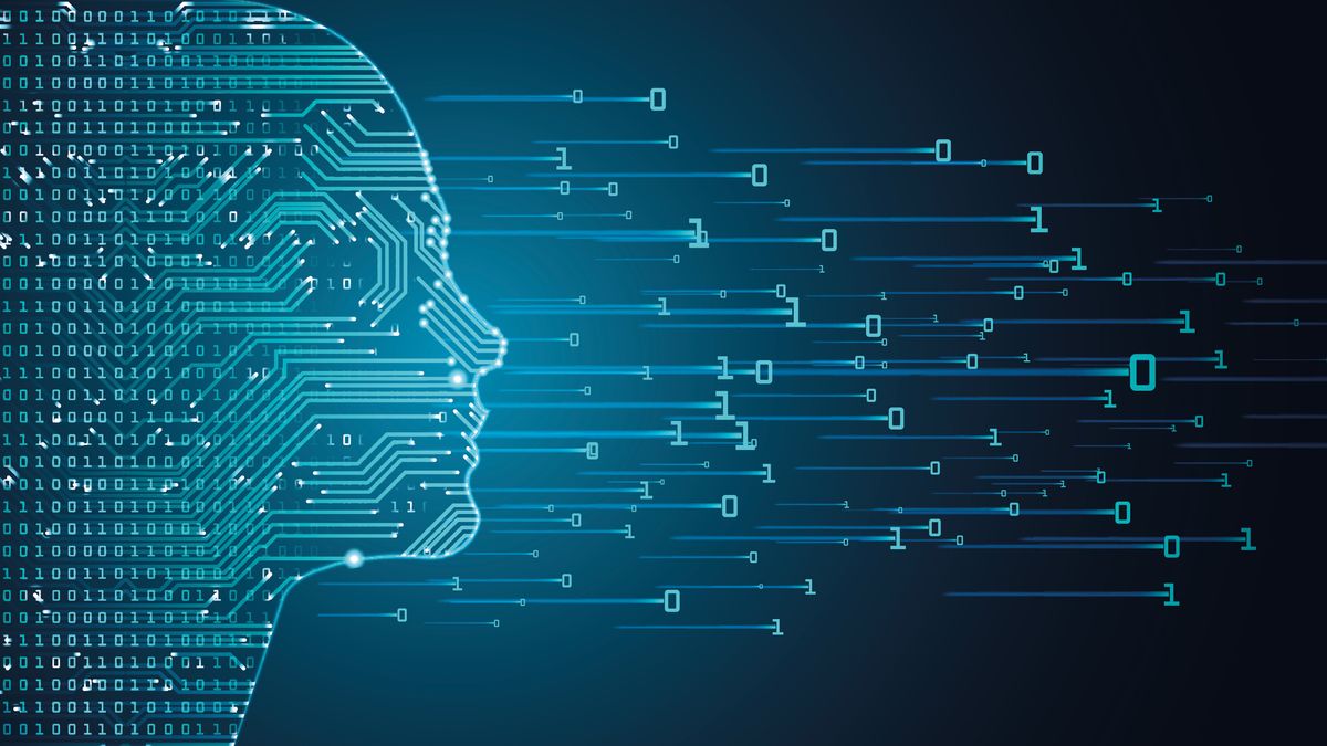 Graphic of human face outline filled with circuit board pattern, with ones and zeroes flying away from it