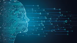 Graphic of human face outline filled with circuit board pattern, with ones and zeroes flying away from it