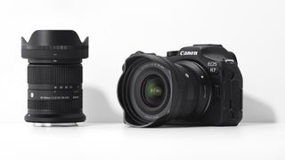 Two Sigma RF-mount lenses pictured with a Canon EOS R7 camera, against a white background