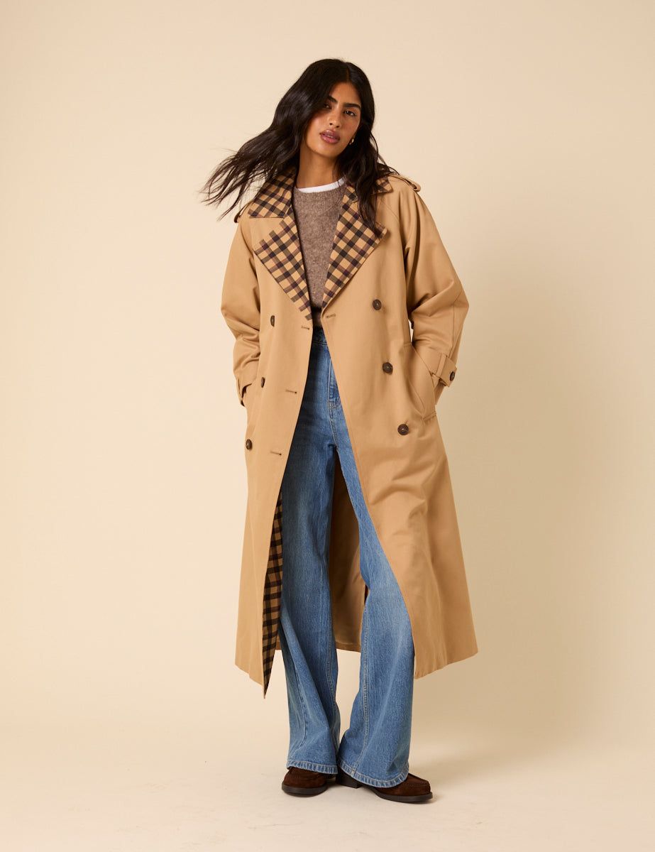 Beige Check Trim Trench Coat