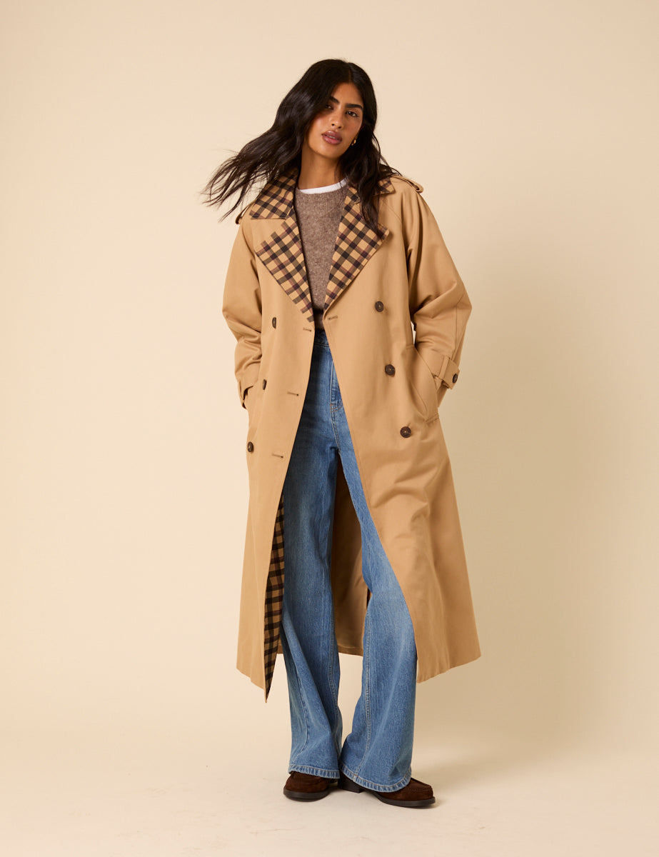 Beige Check Trim Trench Coat