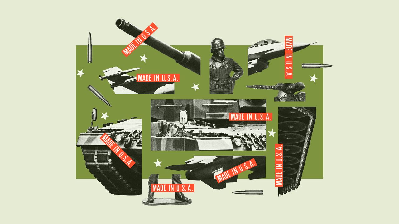 Photo composite illustration of military vehicles, toy soldiers and Made In America stickers