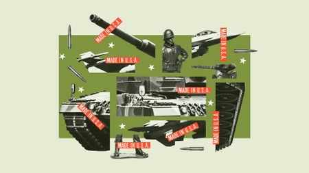 Photo composite illustration of military vehicles, toy soldiers and Made In America stickers