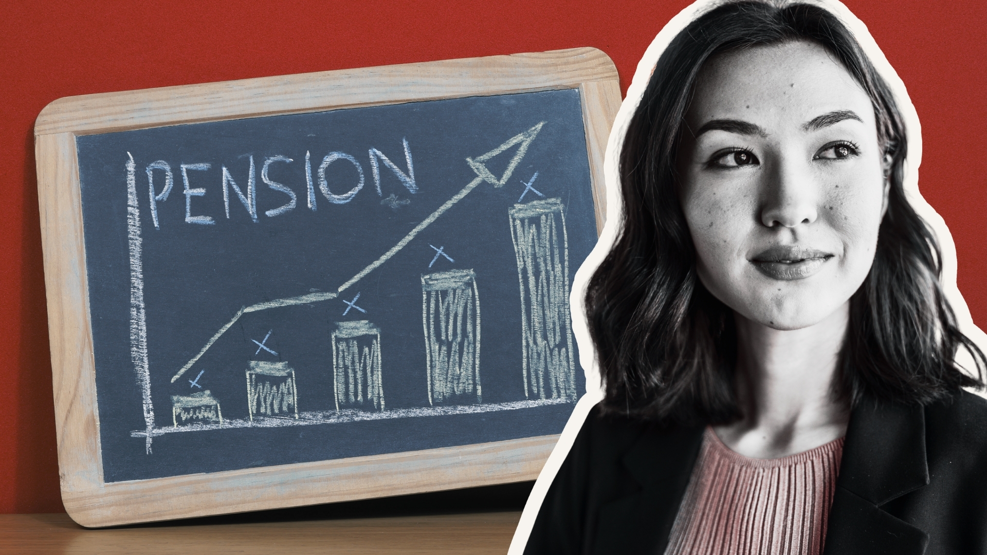 Board which says pension beside chart and woman looks into the distance to signify planning ahead for the future.
