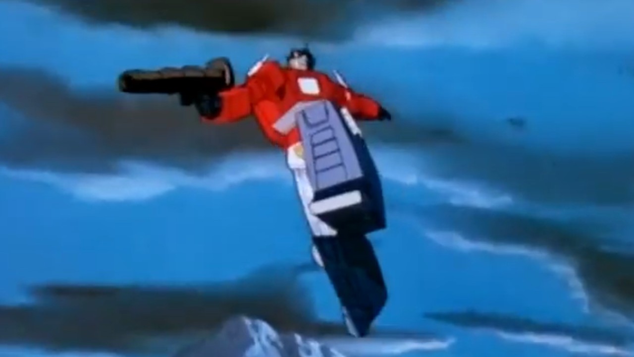 Optimus Prime leaping into battle in The Transformers: The Movie