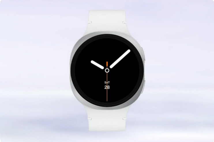 Samsung Galaxy Watch 8 in silver with white band, showing minimalist analog watch face with date.