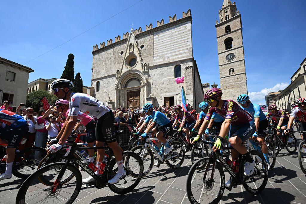TERAMO ITALY MAY 07 Remco Evenepoel of Belgium and Team Soudal Quick Step Pink Leader Jersey Brandon Mcnulty of The United States and UAE Team Emirates White best young jersey Mattia Bais of Italy and Team EOLOKometa and Stefano Gandin of Italy and Team Corratec Selle Italia compete prior to the 106th Giro dItalia 2023 Stage 2 a 202km stage from Teramo to San Salvo UCIWT on May 07 2023 in Teramo Italy Photo by Stuart FranklinGetty Images
