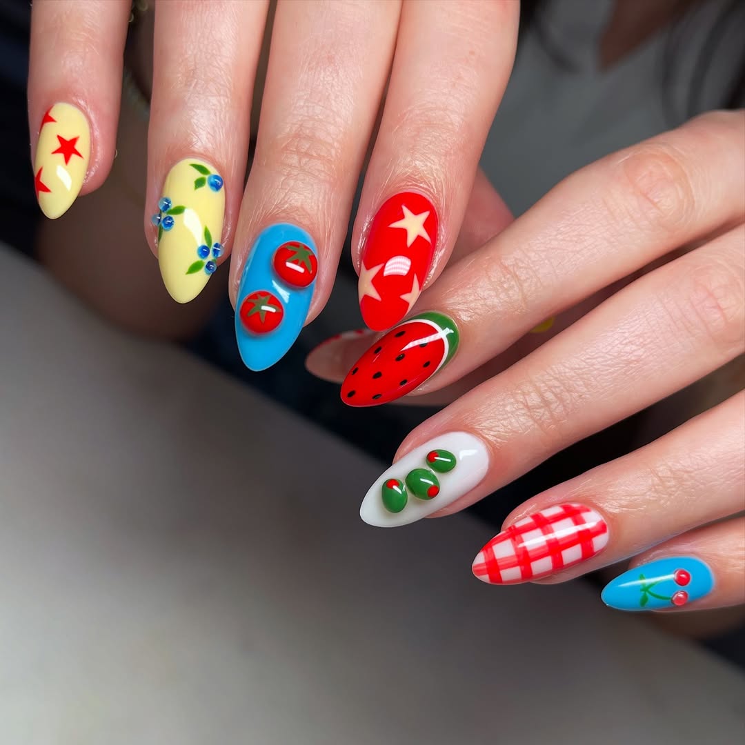 colorful nails with olive and tomato designs