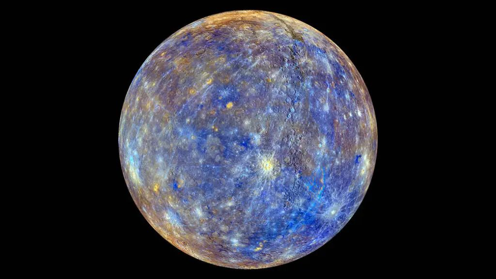 mercury appears as a speckled blue, yellow, gray rock against a black backdrop of space and covered in craters.