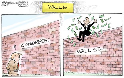 Political Cartoon U.S. Trump Obama Walls Congress Wall Street