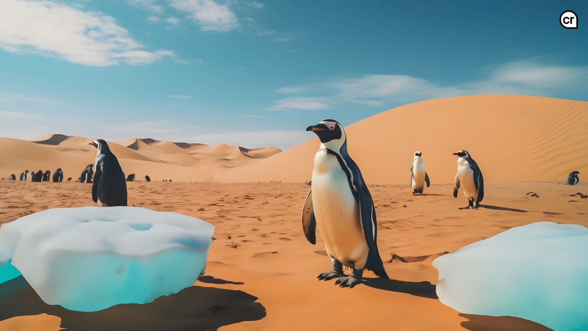 AI image of penguins and large chunks of ice in the desert