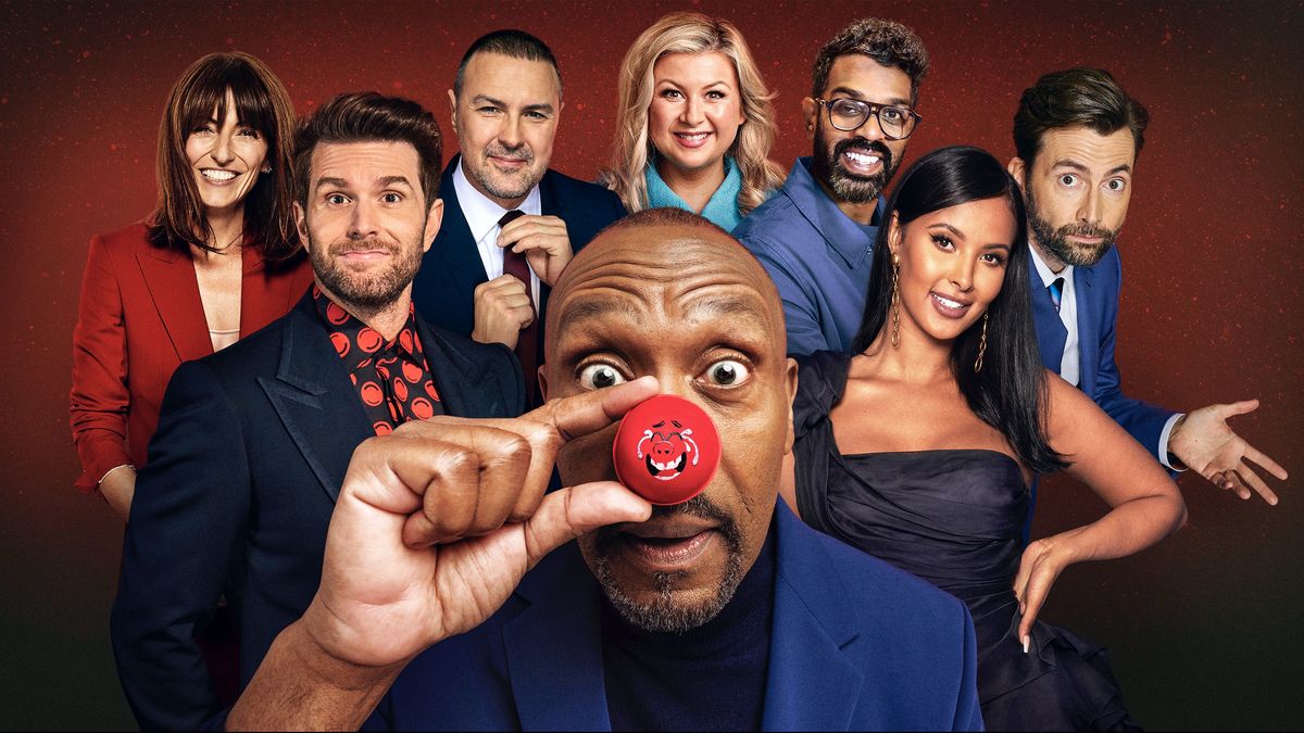 The presenters of Comic Relief 2024 - Davina McCall, Joel Dommett, Paddy McGuinness, Lenny Henry, Rosie Ramsey, Romesh Ranganathan, Maya Jama and David Tennant