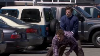 Chris Pratt and Nick Offerman playing football in Parks and Rec