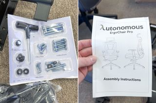 A photo of the Autonomous ErgoChair Pro fixings, tools and instruction manual