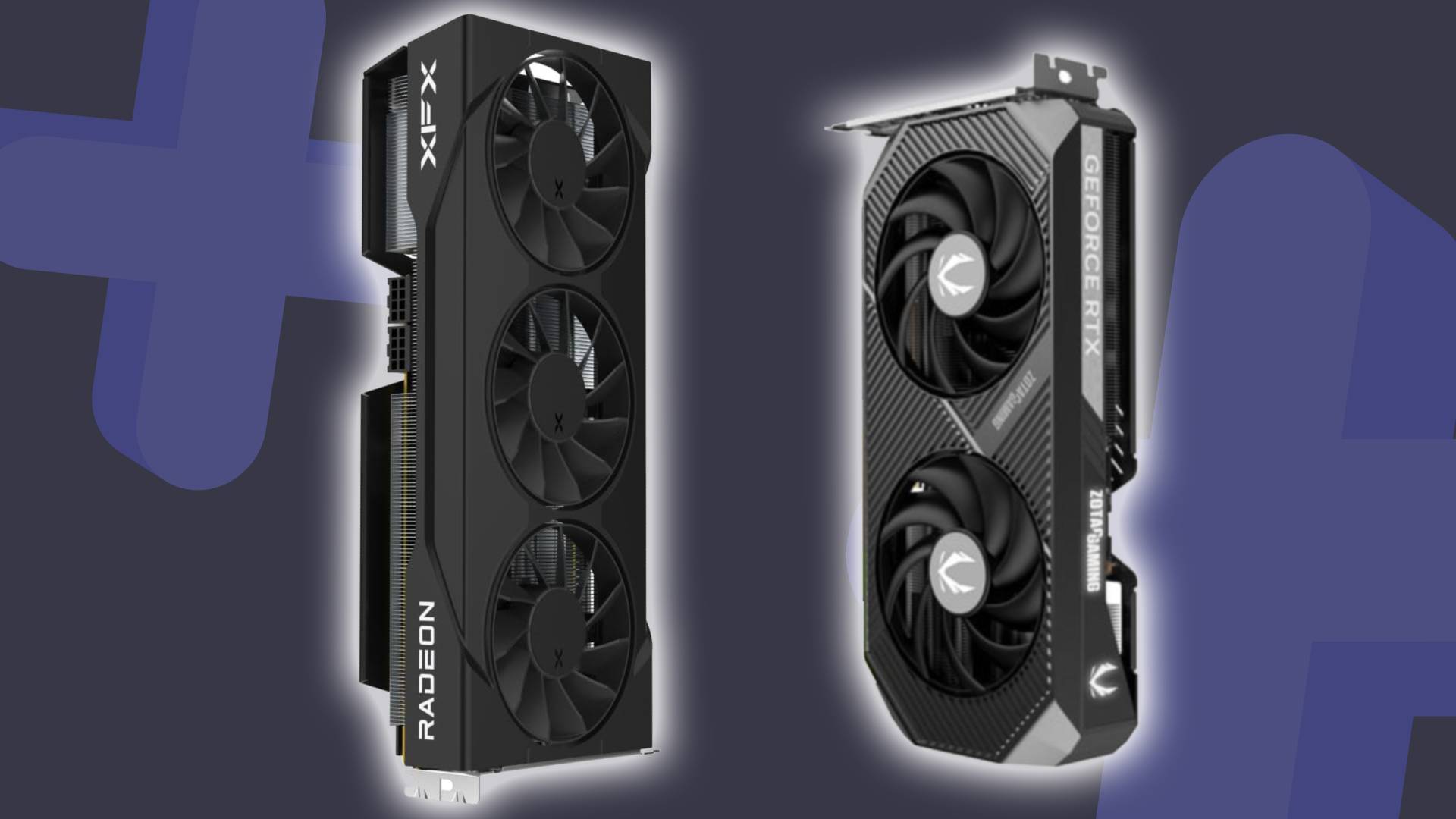 XFX RX 9070 on left and Zotac RTX 5070 on right with navy GamesRadar+ backdrop.