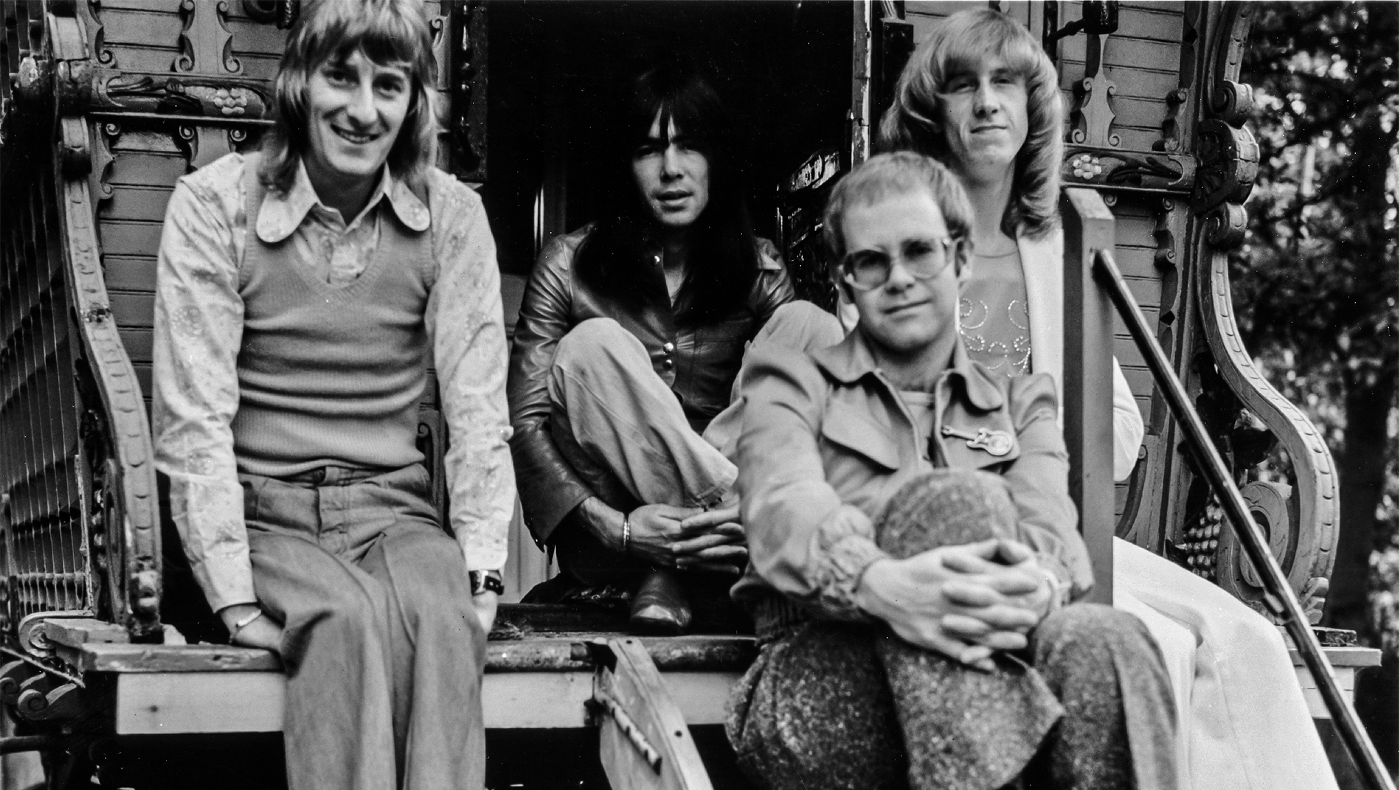 Elton John and his band pose in 1974. (from left) Bassist Dee Murray, drummer Nigel Olsson, Elton John and guitarist Davey Johnstone