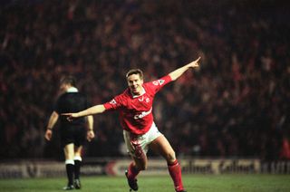 Jan Age Fjortoft celebrates a goal for Middlesbrough against Hednesford Town in the FA Cup in January 1997.