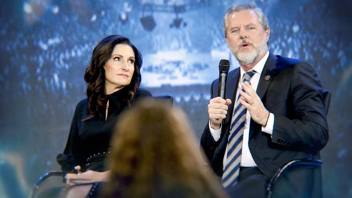 Becki Falwell and Jerry Falwell Jr sitting on stage as shown in the documentary God Forbid: The Sex Scandal That Brought Down a Dynasty