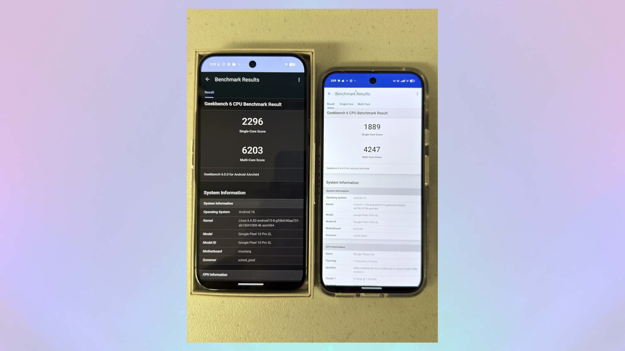 Pixel 10 Pro XL (left) vs Pixel 9 Pro XL (right) Geekbench scores