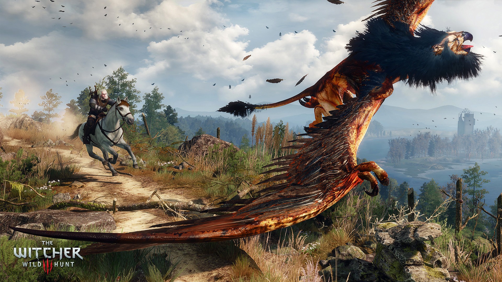 Geralt hunts a Wyvern in The Witcher 3