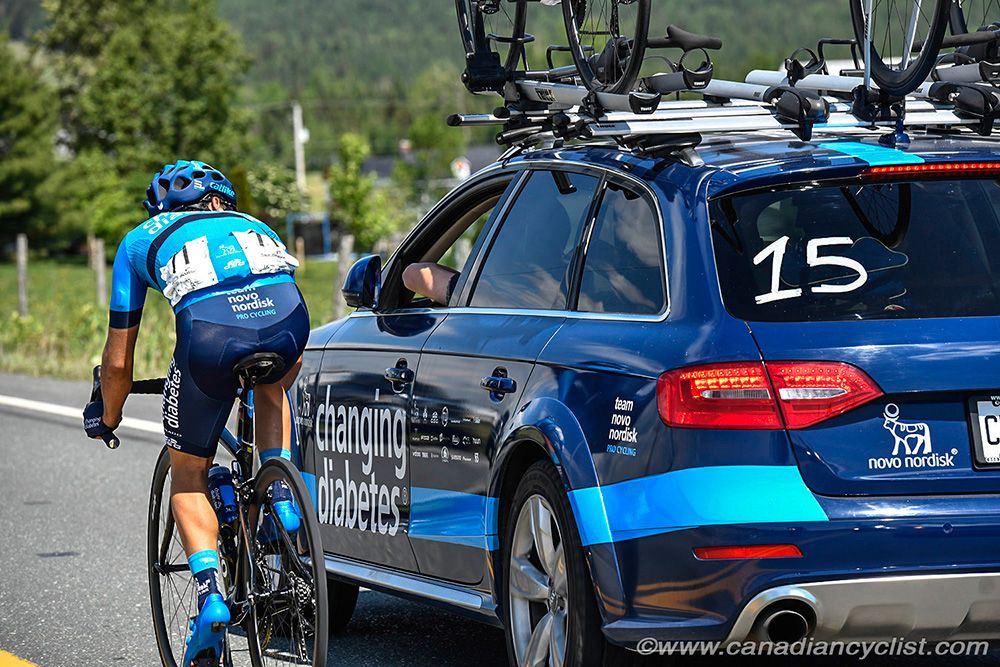 Ponkratov Dmitriy (Novo Nordisk) gets some race advice uring stage 1 at Tour de Beauce