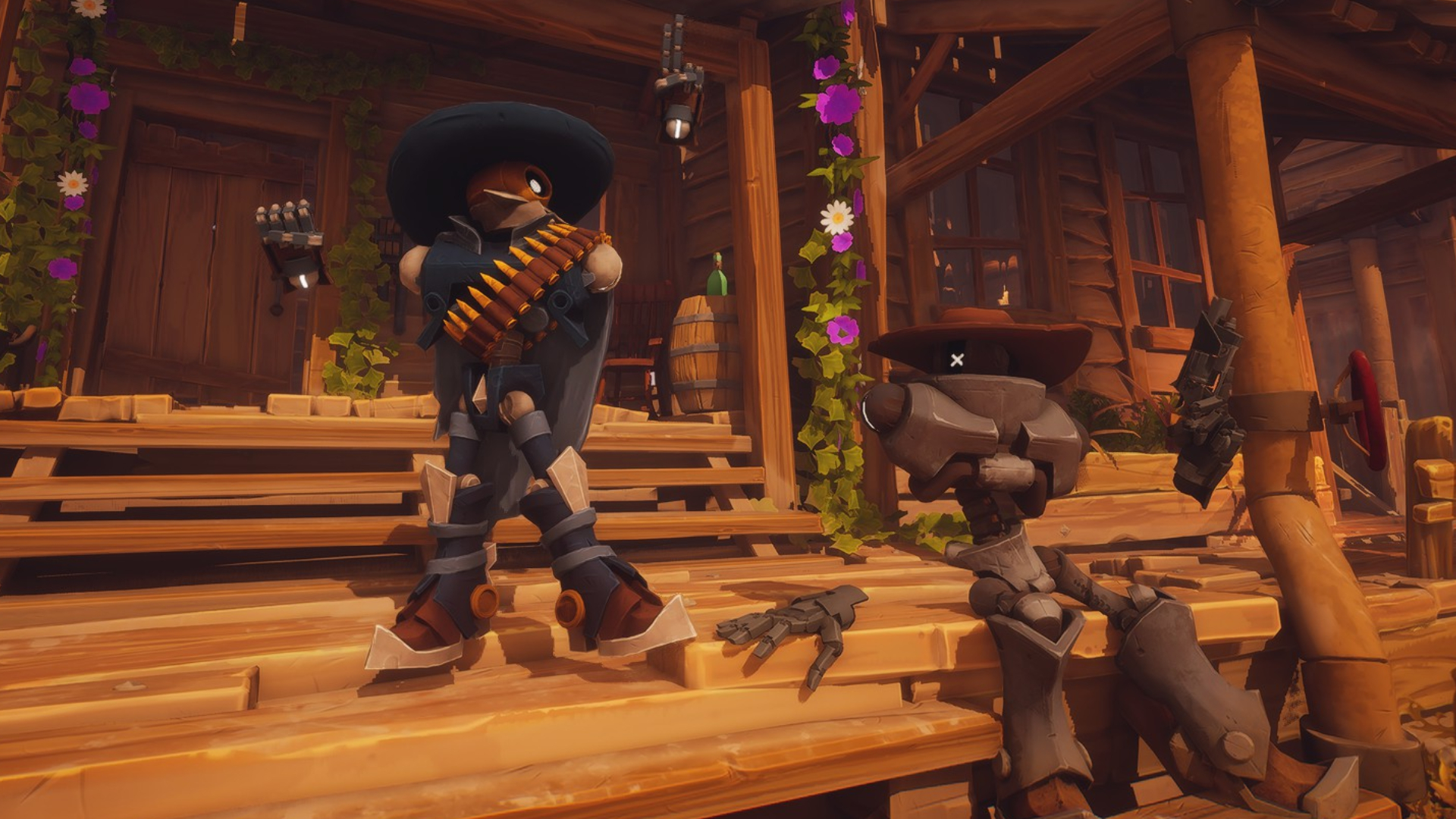 A robot cowboy emotes in Far Far West.