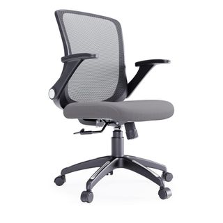 A grey and black mesh swivel office chair