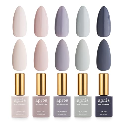 Apres Gel Couleur Combo Set, 5 Color Gel Nail Polish, Bright Nude Pastel Colors With Brush-X Nail Art Brush, 2024 Edition (set 8)