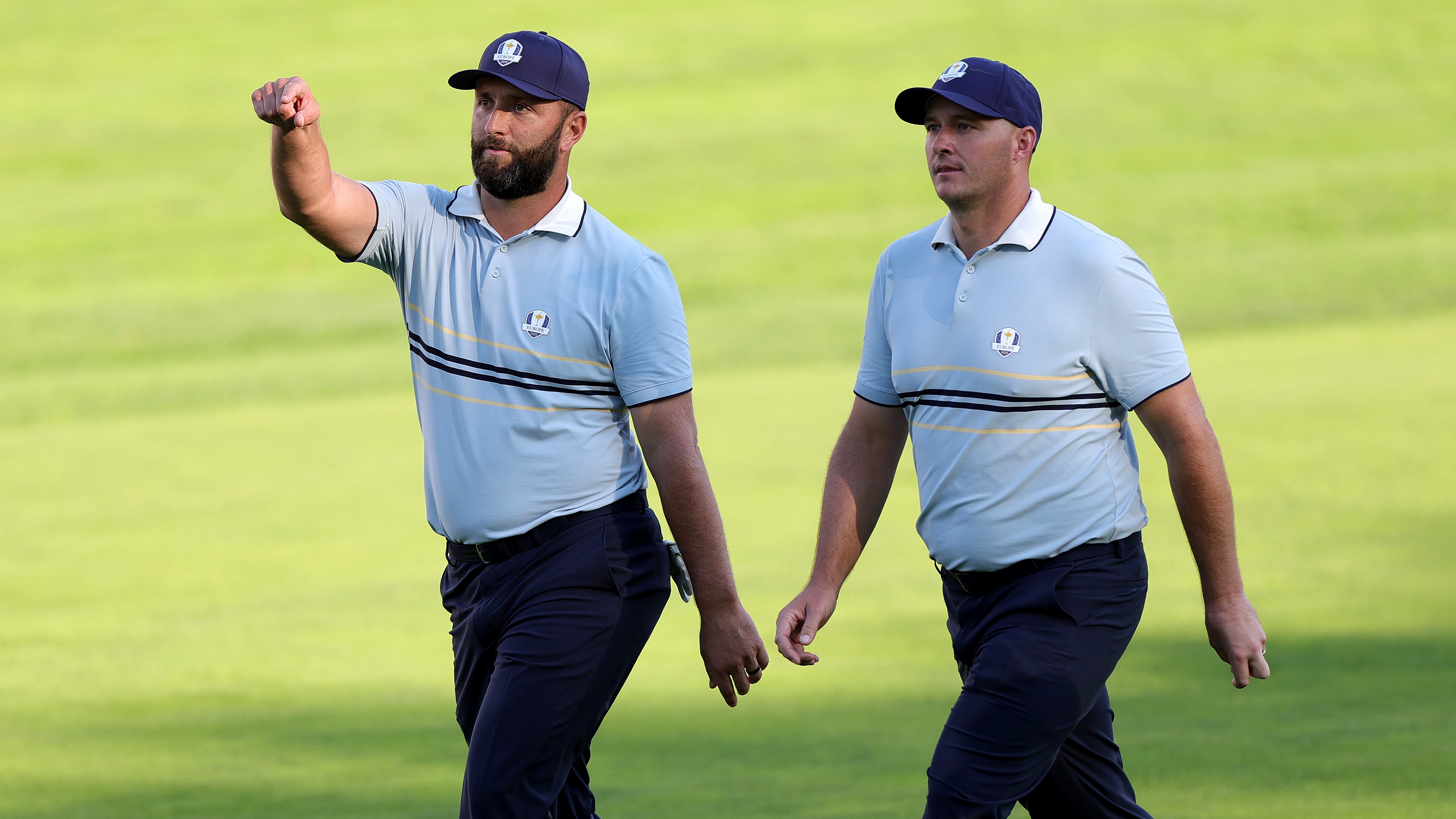 Teammates Jon Rahm and Sepp Straka of Team Europe walk the 15th hole during the Friday afternoon four-ball matches of the 2025 Ryder Cup at Black Course at Bethpage State Park Golf Course on September 26, 2025 in Farmingdale, New York.
