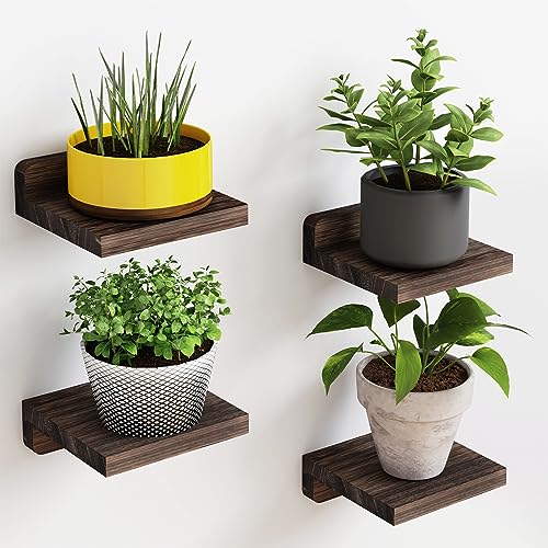 Fixwal Small Floating Shelves, 5x5 Inches Wall Shelf Set of 4, Rustic Wood Small Wall Mounted Shelves for Bedroom, Living Room, Kitchen, Bathroom Decor (dark Carbonized Black)