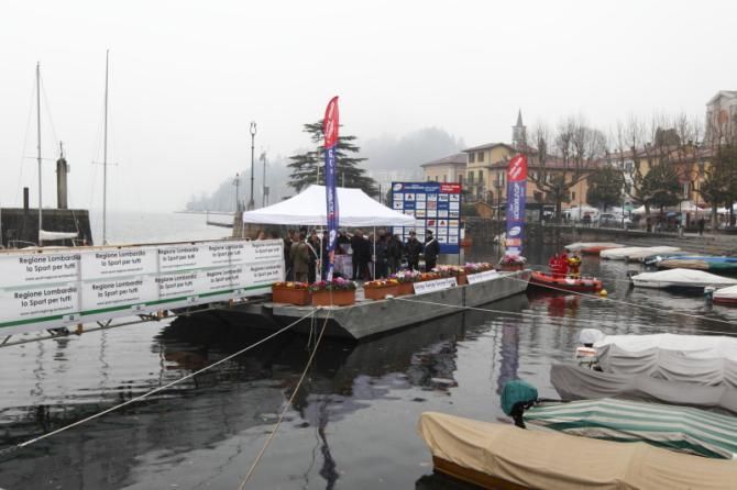 The team presentations took place on a barge, reached via a bridge