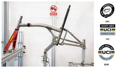 Brompton frameset being ISO tested on the left, and UCI frame sticker logos on the right