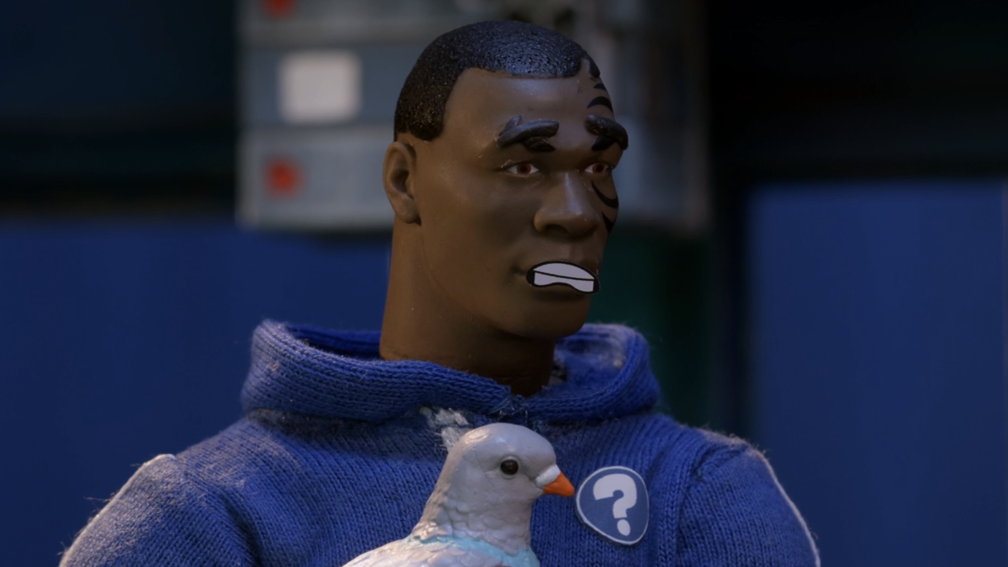 Mike Tyson holding pigeon in Robot Chicken Adult Swim Special