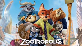 Et reklamebillede for Zootropolis, hvor hovedpersonerne poserer foran kameraet med den store by i baggrunden.