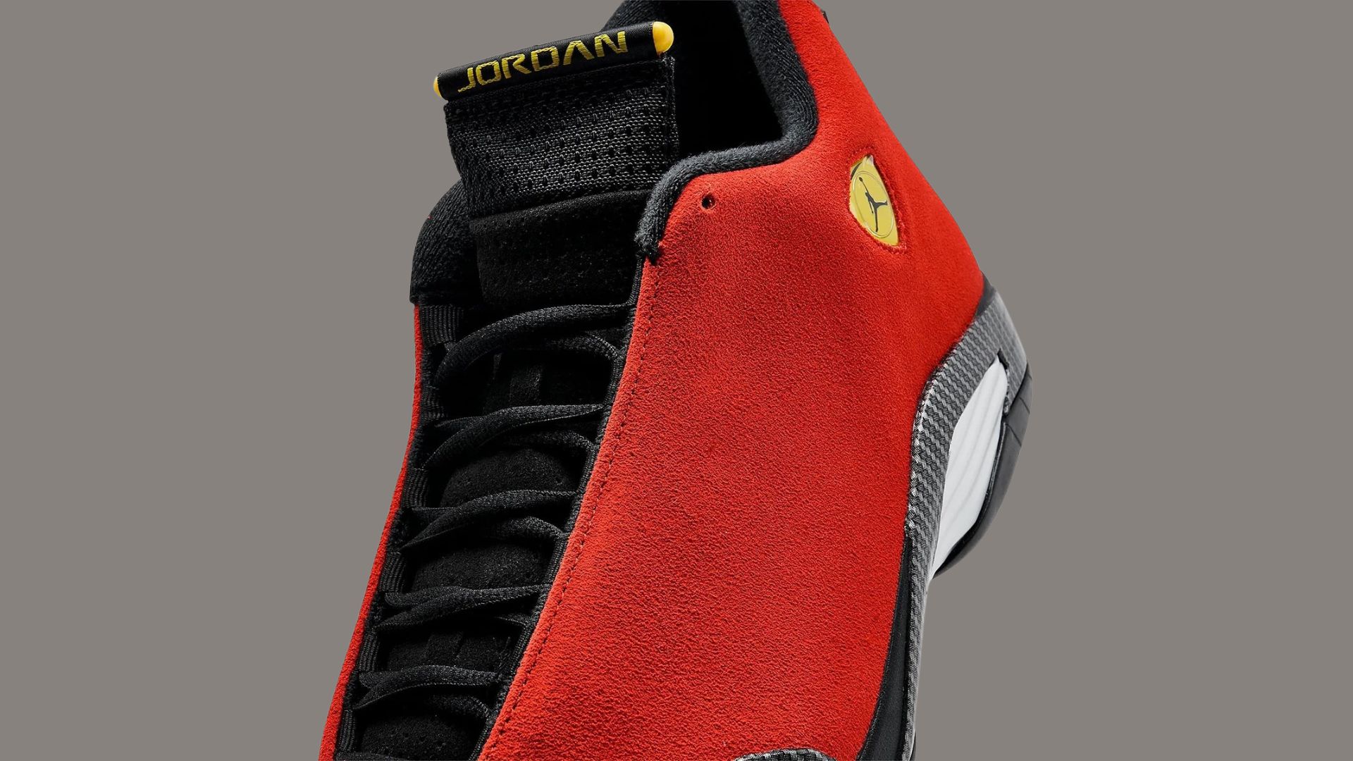 The 2025 edition of the Ferrari Air Jordan 14 from different angles, including a birdseye view and from behind