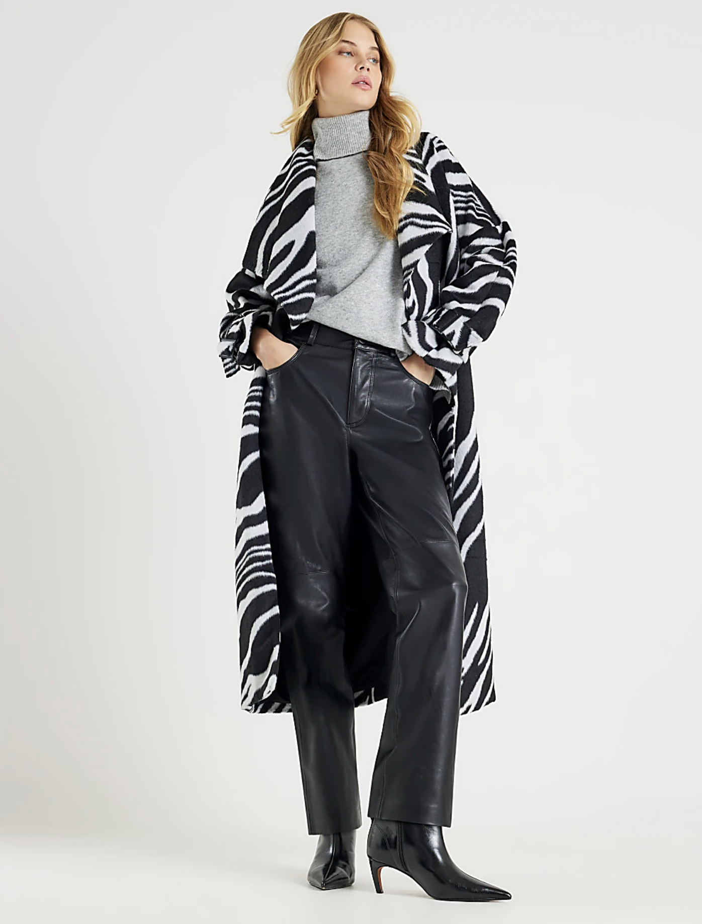 River Island, Black Zebra Print Batwing Sleeve Belted Coat