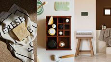 trio of images from the H&M home wellness edit for January including beautiful bathroom towels, storage and fragrances