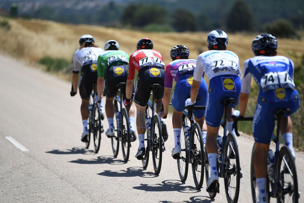 LAGUNAS DE NEILA SPAIN AUGUST 01 Michael Mrkv of Denmark and Team Deceuninck QuickStep Remco Evenepoel of Belgium and Team Deceuninck QuickStep Purple Leader Jersey Peloton during the 42nd Vuelta a Burgos 2020 Stage 5 a 158km stage from Covarrubias to Lagunas de Neila 1872m VueltaBurgos on August 01 2020 in Lagunas de Neila Spain Photo by David RamosGetty Images