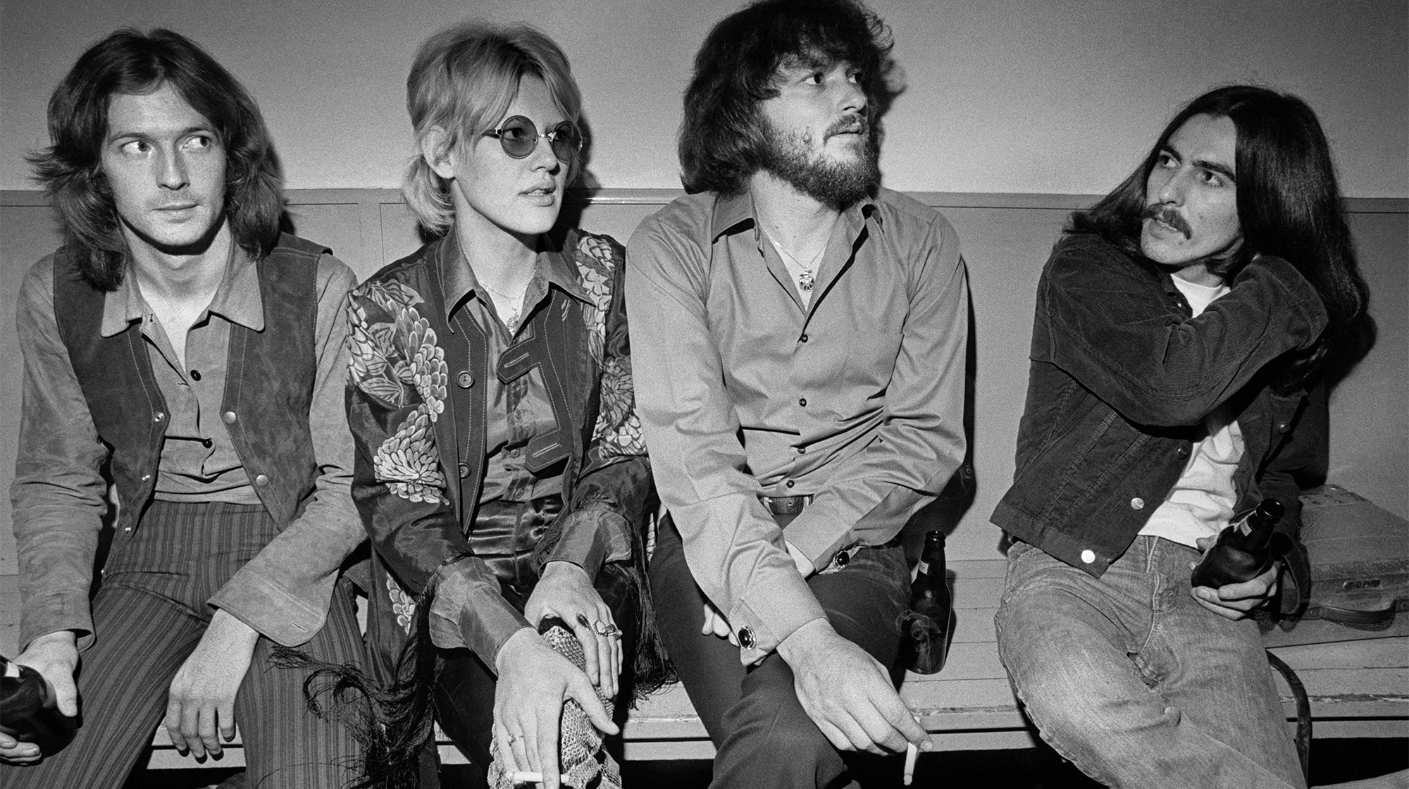 Delaney & Bonnie & Friends concert, Birmingham Town Hall, Thursday 4th December 1969. Pictured backstage: Eric Clapton, Bonnie Bramlett, Delaney Bramlett and George Harrison who joined them as guitarist, the first tour of a Beatle since 1966.
