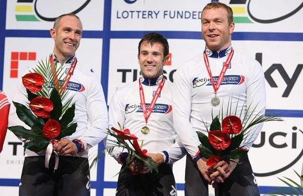All smiles for the British Sky-HD team of Jamie Staff, Ross Edgar and Chris Hoy who won the men's team sprint
