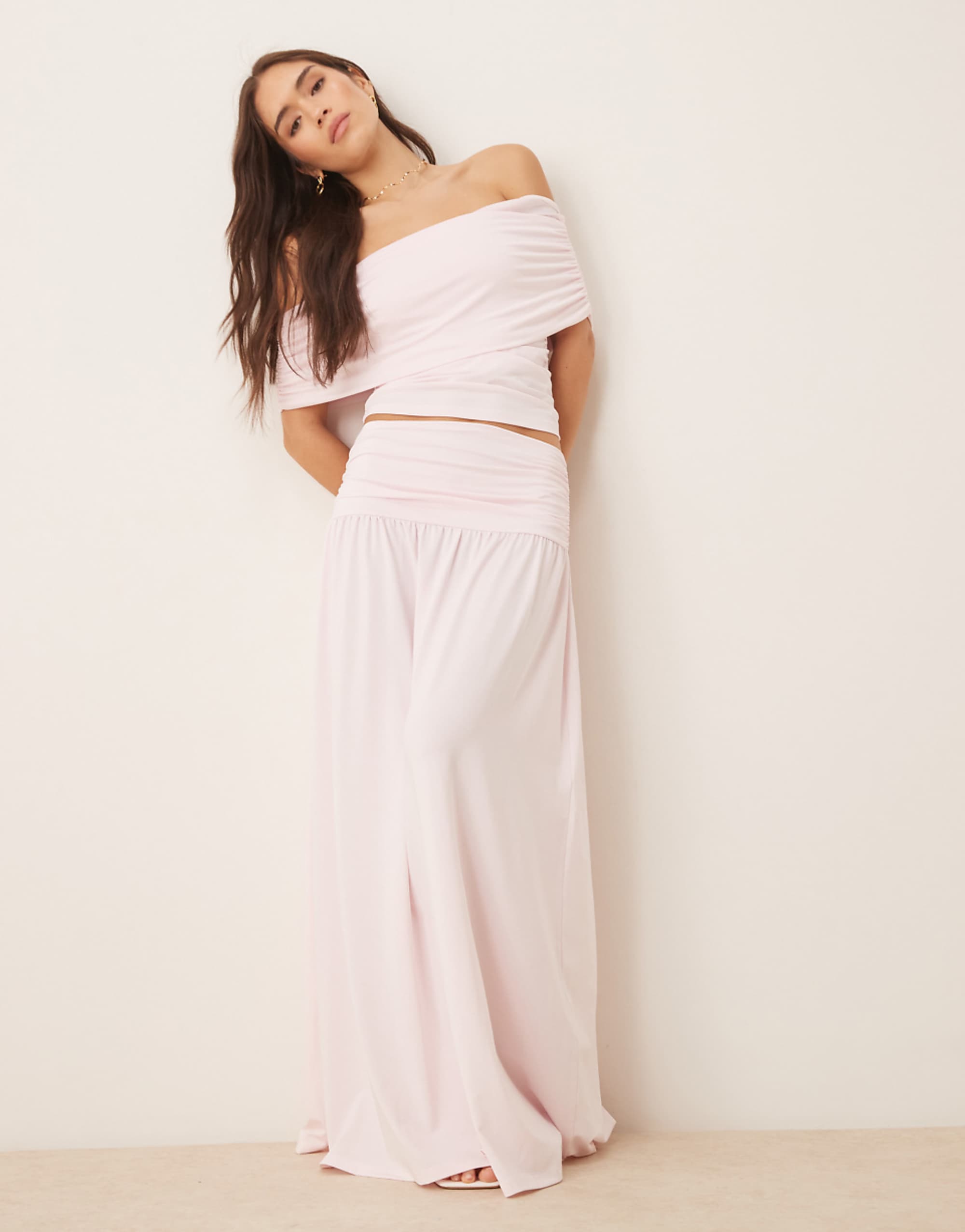Asos Design Mix & Match Drop Waist Ruched Maxi Skirt in Pastel Pink