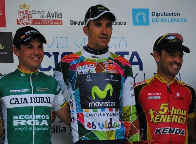 The Castilla y Leon podium: Francesco Lasca (Caja Rural), Rub&eacute;n Plaza (Movistar) and Francisco Mancebo (5 Hour Energy/Kenda)