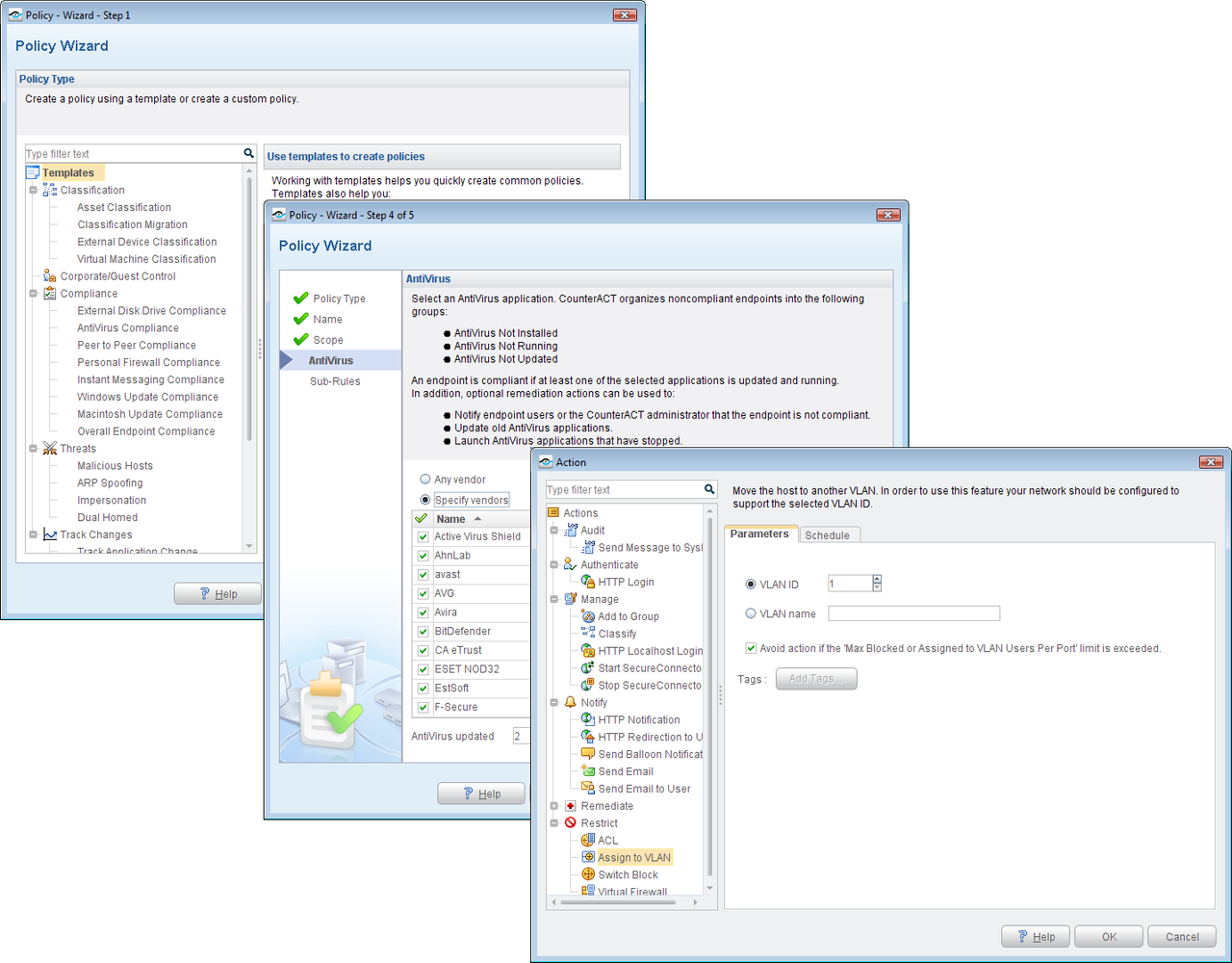 Policy creation is wizard driven and these can be used to check on required software products and apply a range of actions to