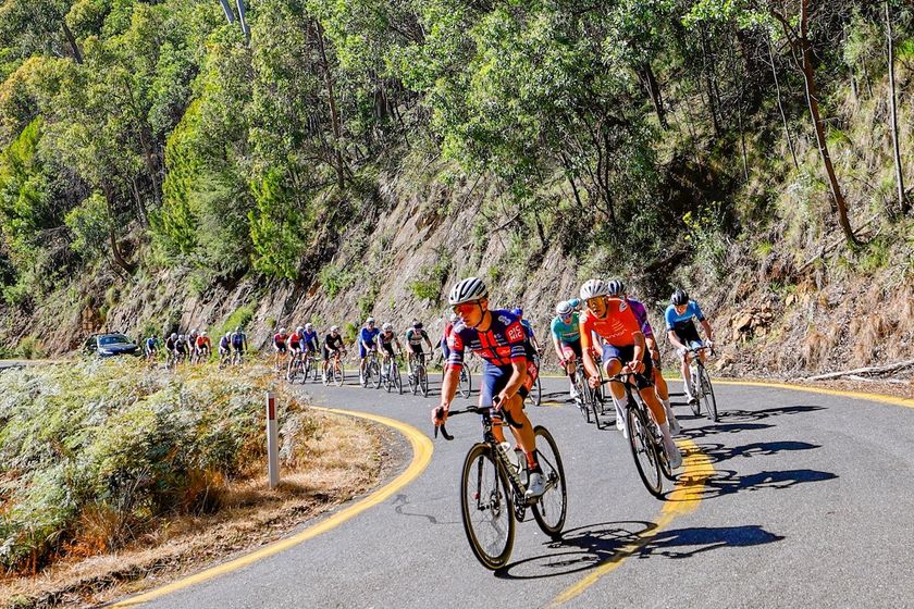 Oscar Onley (Picnic PostNL) at the front of the group on the slopes of Mt Buffalo, the final stage of the Tour of Bright 
