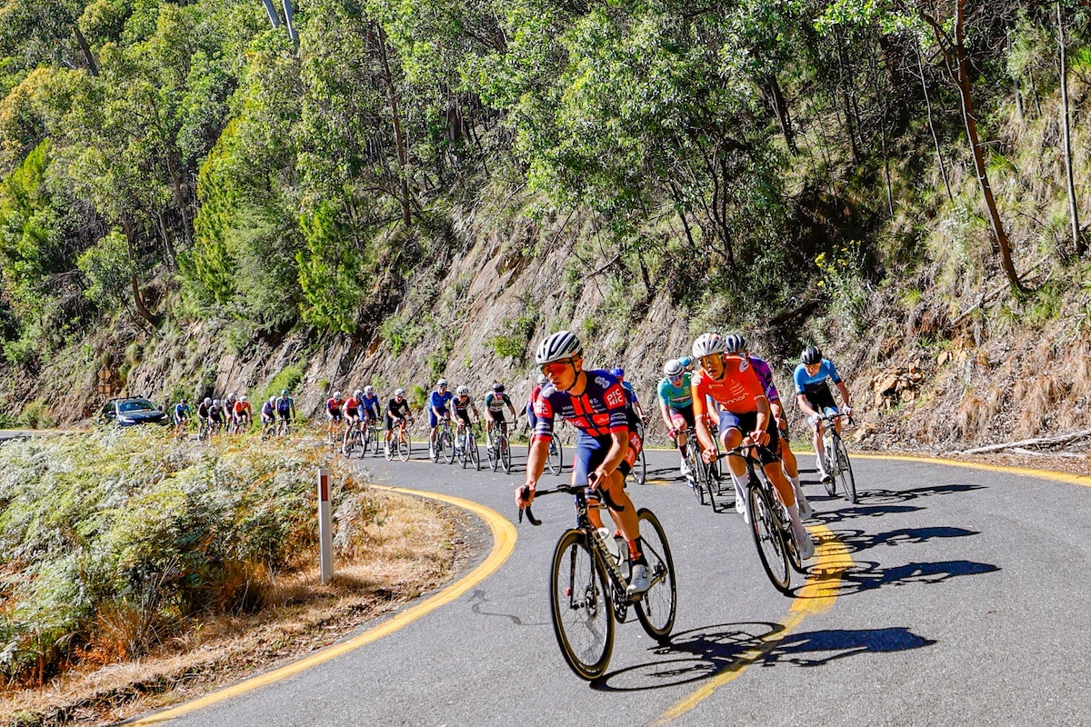 Oscar Onley (Picnic PostNL) at the front of the group on the slopes of Mt Buffalo, the final stage of the Tour of Bright 