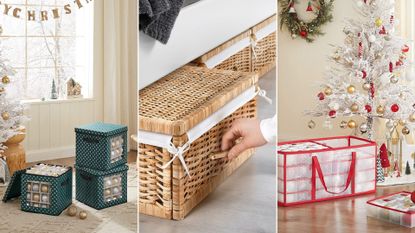 Three side-by-side images of ornament storage containers. With three green ornament storage boxes with snowflake designs in a decorated living room on the far left, a person reaching for a rattan storage container under a bed in the middle, and a semi-translucent red striped ornament storage box in front of a Christmas tree on the far right..