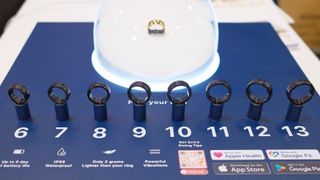 A display at CES 2025 showing all the sizes of the new Circular Ring 2 smart ring, including 6-13